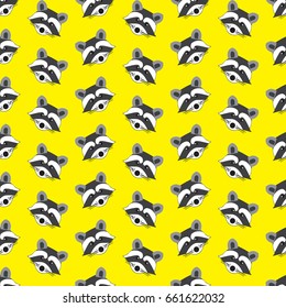 Seamless pattern the face of a raccoon on a bright yellow background, vector illustration