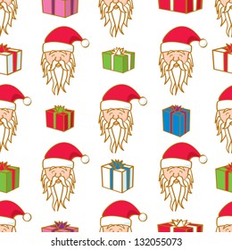 A seamless pattern of the face of Santa Claus alternated with gifts.
