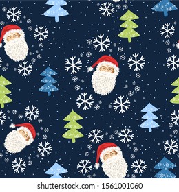 Seamless pattern with the face of Santa Claus and Christmas trees and snow - Vector illustration