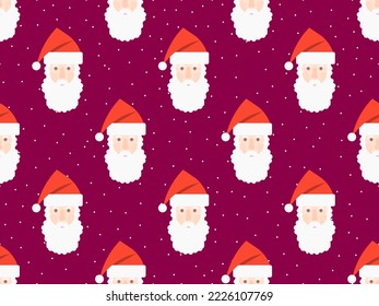 Seamless pattern with the face of Santa Claus in a hat. Merry Christmas and Happy New Year. Christmas design with falling snow and Santa Claus for print, posters and banners. Vector illustration