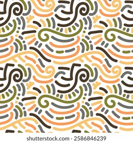 Seamless pattern of face and spiral doodles. Doodle style seamless pattern for fabric, wrapping paper, wallpaper, sticker, prints, landing page, design, etc