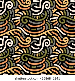 Seamless pattern of face and spiral doodles. Doodle style seamless pattern for fabric, wrapping paper, wallpaper, sticker, prints, landing page, design, etc