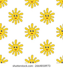 Seamless pattern with Face Sun. Groovy style. Vector flat illustration.