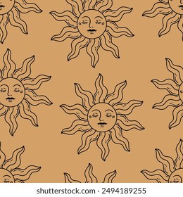 Patrón sin fisuras con la cara del sol. Ilustración dibujada a mano en estilo de contorno.
