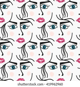 Seamless pattern with face of woman, continues line. Vector illustration fashion pattern
