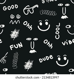 Seamless pattern with face and words. Fun background for wrapping paper, textile, fabric, stationery, socks, clothes and other designs.