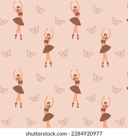 Seamless pattern of a faceless dancing ballerina silhouette with the butterfly on beige background