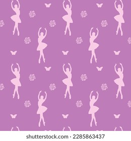 Seamless pattern of a faceless dancing ballerina silhouette with the butterfly on purple background