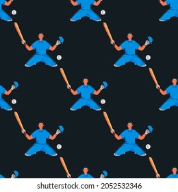 Seamless Pattern Of Faceless Winning Batsman On Black Background.