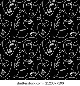 Seamless pattern of faces of an abstract woman in a modern minimalist one line style. Continuous black line faces simple drawing. Vector fashion illustration. White color.