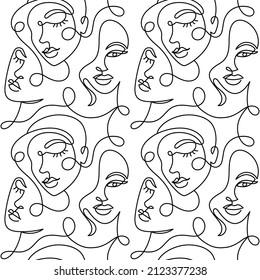 Seamless pattern of faces of an abstract woman in a modern minimalist one line style. Continuous black line faces simple drawing. Vector fashion illustration. White color.
