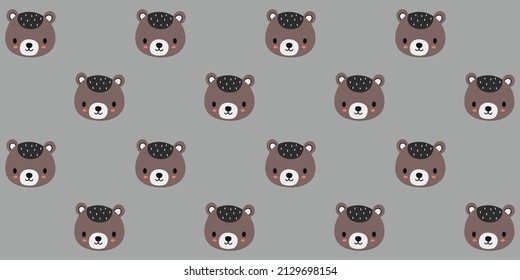 Seamless pattern of faces of baby bears. Cartoon cute texture  for kids on gray background for fabric, nursery wallpaper. Vector.