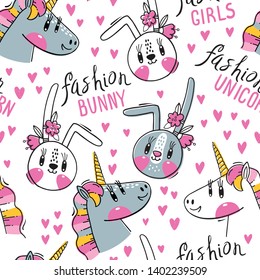 Seamless pattern with faces of bunny and rainbow unicorn. Fashion kawaii animal. Vector illustration