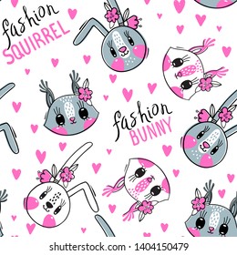 Seamless pattern with faces of bunny and squirrel. Fashion girls. Kawaii animal. Vector illustration.