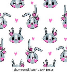 Seamless pattern with faces of bunny and squirrel. Fashion girls. Kawaii animal. Vector illustration.