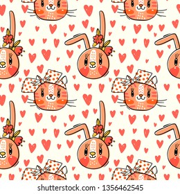 Seamless pattern with faces of cats and rabbits in hairpins bows. Fashion kawaii bunny and kitty. Vector illustration.