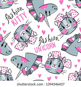 Seamless pattern with faces of cats and rainbow unicorn. Fashion kawaii animal. Vector illustration.