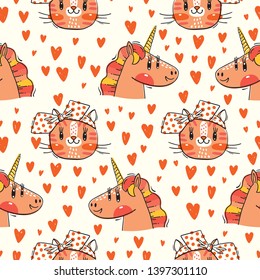 Seamless pattern with faces of cats and rainbow unicorn. Fashion kawaii animal. Vector illustration.