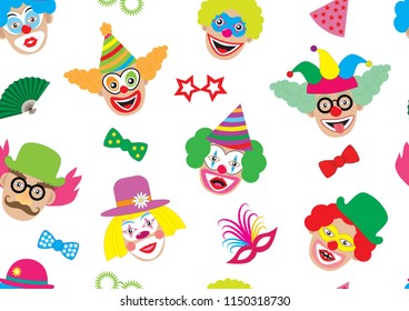 Seamless pattern. Faces of clowns and accessories (glasses, mask, bow tie), cheerful background, vector illustration.