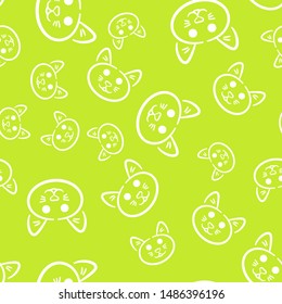 Seamless pattern with faces of cute cats on a yellow background. Contour vector illustration with a cute cat. Animals icons. Package design. Print for fabric.
