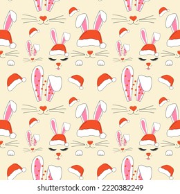 Seamless pattern with faces of a cute Christmas rabbits with a garland.Vector in cartoon style.