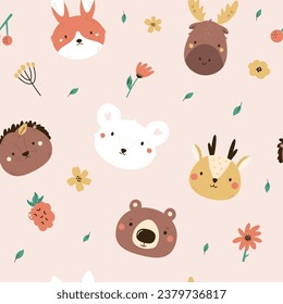 Seamless pattern with faces of cute forest animal faces - bear, moose, hedgehog, deer, mouse and rabbit. Colorful background for kids products, textile, fabric, wrapping paper, decoration.