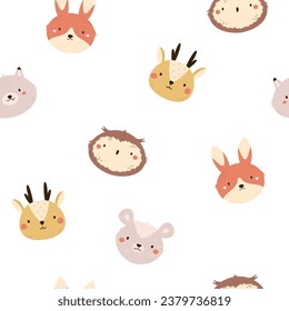 Seamless pattern with faces of cute forest animal faces - wolf, owl, opossum, rabbit, owl, deer. Colorful background for kids products, textile, fabric, wrapping paper, decoration.