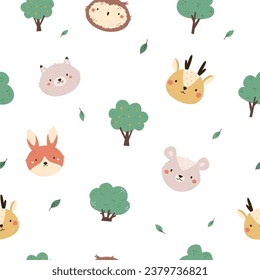 Seamless pattern with faces of cute forest animal faces - wolf, owl, opossum, rabbit, owl, deer and trees. Cute background for kids products, textile, fabric, wrapping paper, decor.