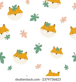 Seamless pattern with faces of cute foxes and chestnut leaves. Cute background for kids products, textile, fabric, wrapping paper, decor.