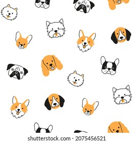 Seamless pattern with faces of different breeds dogs. Corgi, Pug, Chihuahua, Terrier, Pomeranian, Spaniel. Texture with dog heads. Hand drawn vector illustration in doodle style on white background