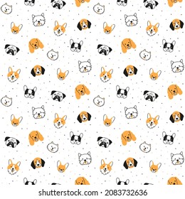 Seamless pattern with faces of different breeds dogs. Corgi, Pug, Chihuahua, Terrier, Pomeranian, Spaniel. Texture with dog heads. Hand drawn vector illustration in doodle style on white background