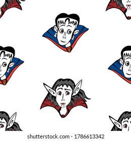 Seamless pattern of faces fairytale cartoon vampires