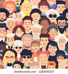 Seamless pattern with faces or heads of joyful people. Backdrop with crowd of old and young men and women. Colorful vector illustration in flat cartoon style for wrapping paper, textile print.