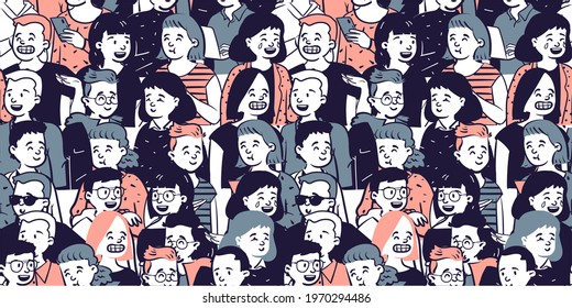 Seamless pattern with faces of joyful youth people. Suitable for textiles, fashion, wrapping paper and more