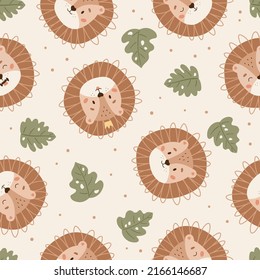 Seamless pattern with faces of lions on white background. Jungle animals. Hand drawn palm leaves. Cartoon doodle characters. Perfect for textile, fabrics prints and wrapping paper. Vector illustration