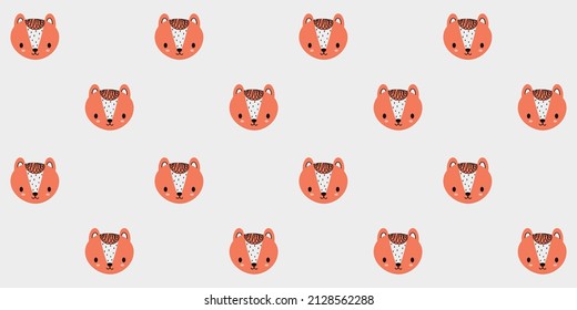 Seamless pattern of faces of little cute foxes on a white background. Lovely endless texture stylized in Scandinavian style for toddlers clothes or graphic design. Vector.