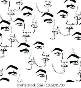 seamless pattern with faces of man and woman. Modern lineart drawing abstract half faces. Great for home decoration, fashion print, posters, wall art, tote bag, shirt print, mobile case.