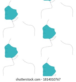 Nahtloses Muster. Gesichter in einer medizinischen Maske. Pandemie des Coronavirus. Eine durchgehende Linie. Vektorgrafik für Textilien, Tapete.