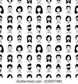 Seamless Pattern With The Faces Of Men And Women In Doodle Style. An Endless Ornament With Portraits Of People Drawn With A Black Line.