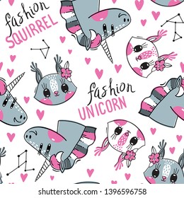 Seamless pattern with faces of squirrel and rainbow unicorn. Fashion kawaii animal. Vector illustration.