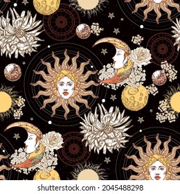 Seamless pattern. Faces of the sun and moon. Planets, flowers and stars. Space. Engraving style. Astrology. Vintage background.