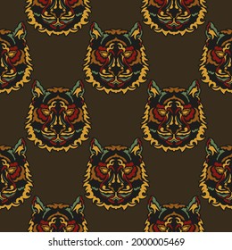 Seamless pattern with faces of tigers in the colors of the baroque style. Good for backgrounds, prints, apparel and textiles. Vector illustration.