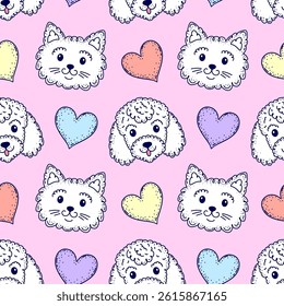 Seamless pattern with faces of white poodles and cats with pastel colored hearts.