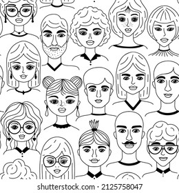 Seamless pattern with faces women and men on white background.