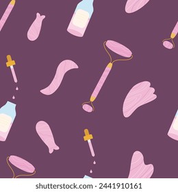 Seamless pattern with facial massage devices gua sha roller ans stones, scrabber and massage oil. Home skin care treatment background
