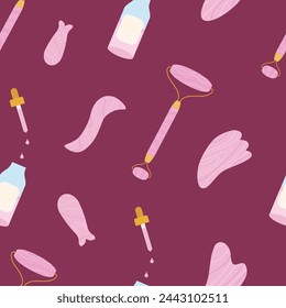 Seamless pattern with facial massage devices gua sha roller ans stones, scrabber and massage oil. Home skin care treatment background