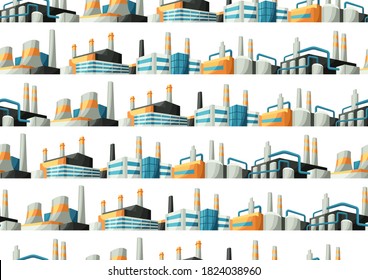 Seamless pattern with factories or industrial buildings. Urban manufactory landscape of constructions.