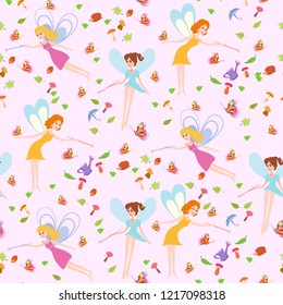Seamless pattern with fairies and autumn elements. Background with fairy for girls. Kids pattern with cute fairy. Vector illustration.