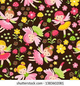 Seamless pattern with fairies and flowers on a brown background.  Illustration with mythical girls with wings.
