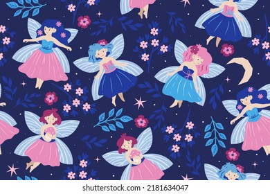 Seamless pattern with fairies and flowers. Vector graphics.